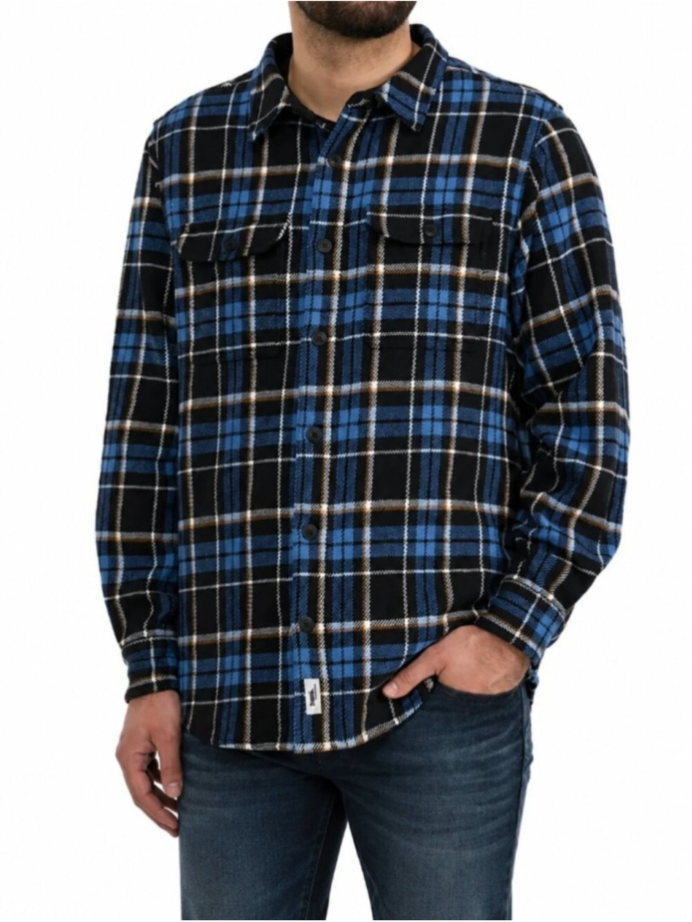 FRANK AND OAK Cotton Plaid Flannel Shacket Jacket Blue Black Medium Outdoor